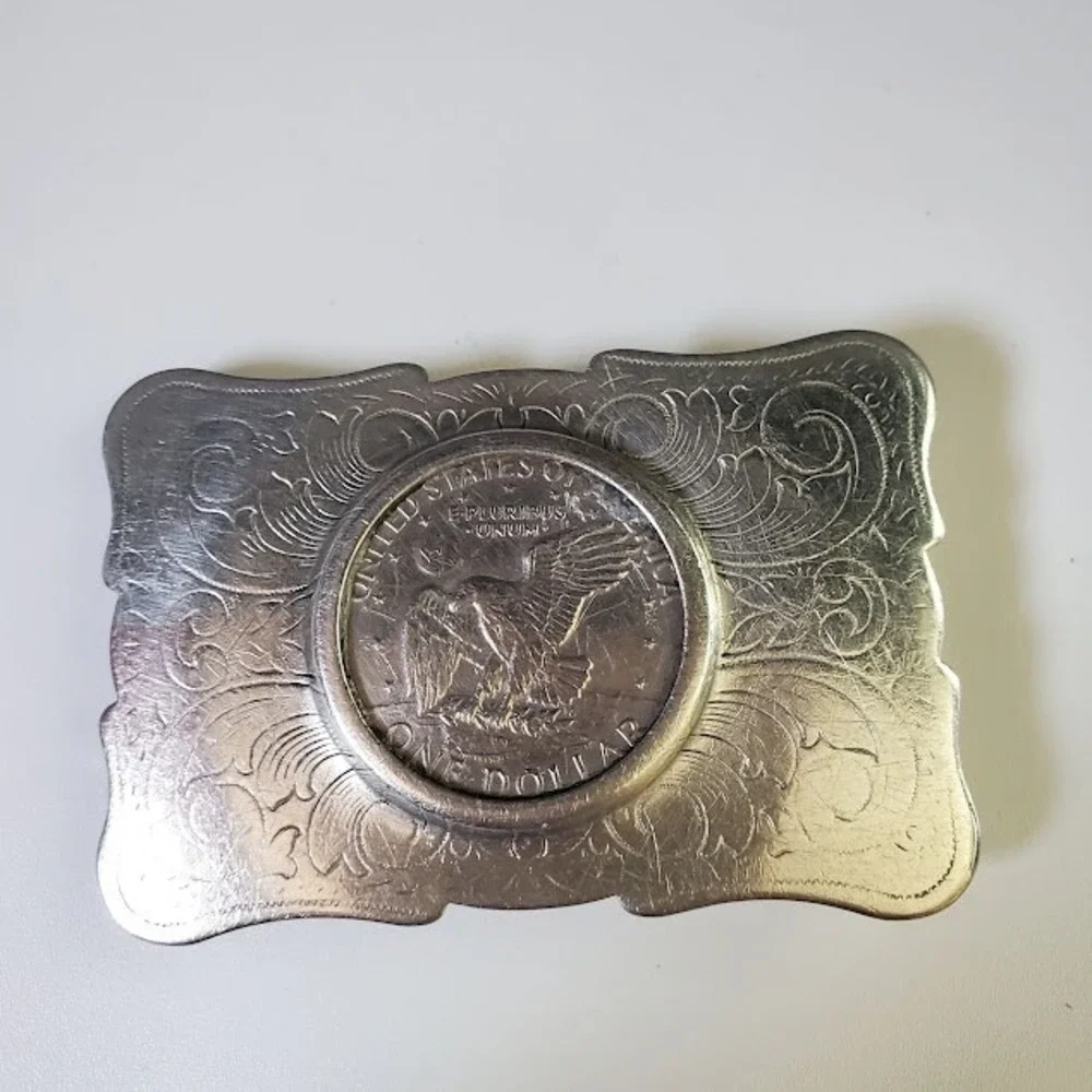 Vintage 1972 Eisenhower Dollar Coin Belt Buckle Nickel Silver Western Engraved